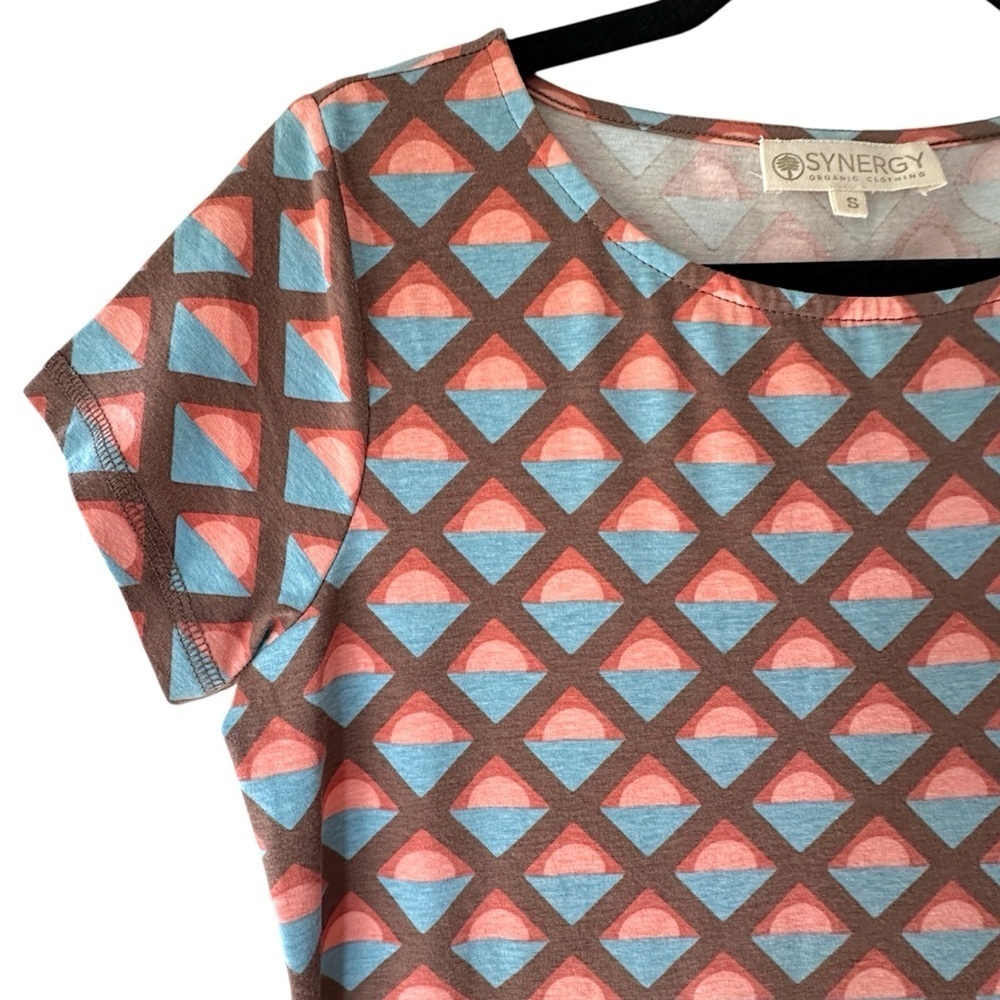 SYNERGY | NWOT ORGANIC COTTON SHORT SLEEVE DRESS POCKETS BROWN & PEACH | SMALL - Picture 3 of 9